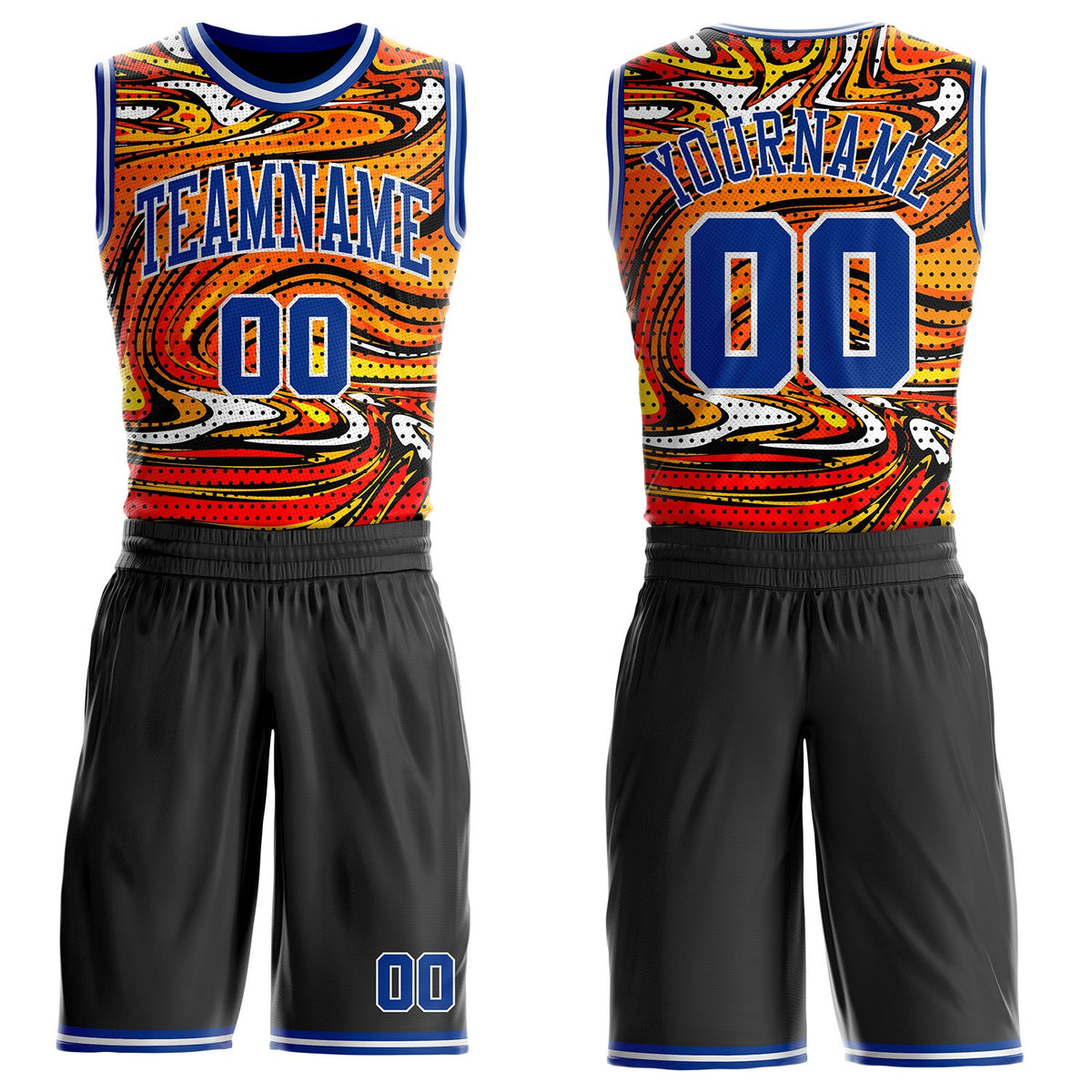Custom Black Royal-White Irregular Fire Flames Round Neck Sublimation Basketball Uniform Jersey