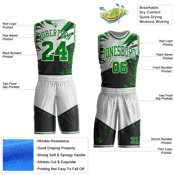 Custom White Grass Green-Black Irregular Fire Flames Round Neck Sublimation Basketball Uniform Jersey alternate