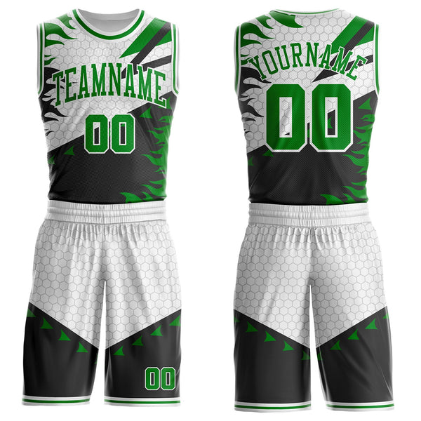 Custom White Grass Green-Black Irregular Fire Flames Round Neck Sublimation Basketball Uniform Jersey