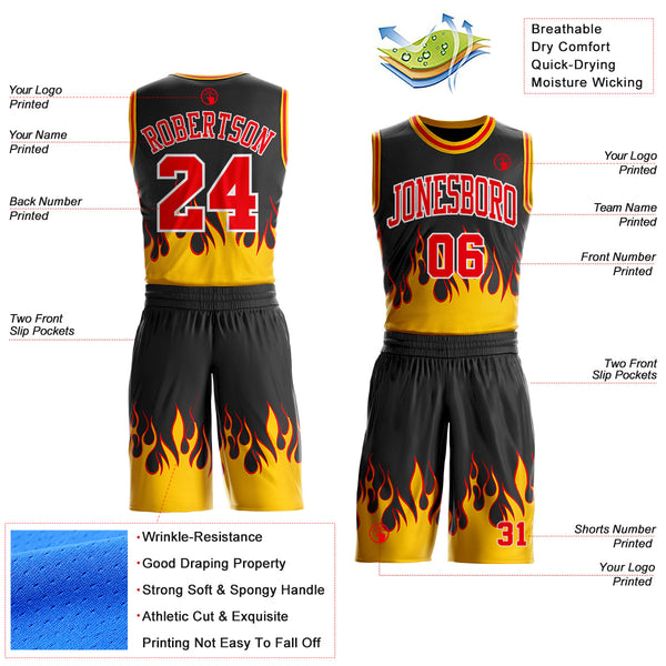 Custom Black Fire Red White-Yellow Blazing Flames Round Neck Sublimation Basketball Uniform Jersey alternate
