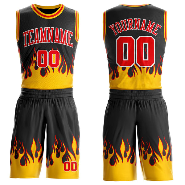 Custom Black Fire Red White-Yellow Blazing Flames Round Neck Sublimation Basketball Uniform Jersey