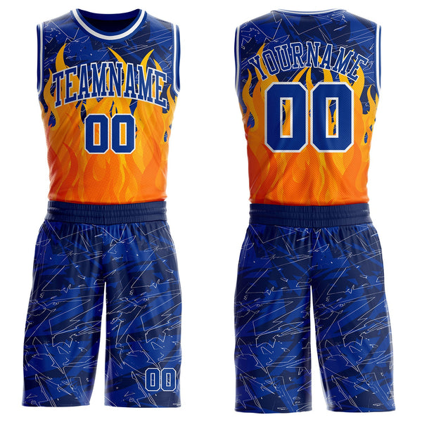 Custom Blue Royal Yellow-White Blazing Flames Round Neck Sublimation Basketball Uniform Jersey