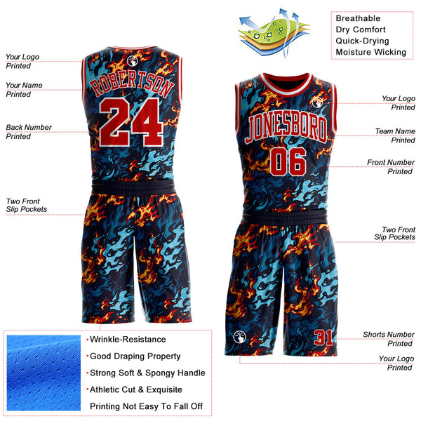 Custom Blue Red Yellow-White Irregular Fire Flames Round Neck Sublimation Basketball Uniform Jersey alternate