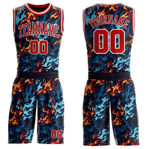 Custom Blue Red Yellow-White Irregular Fire Flames Round Neck Sublimation Basketball Uniform Jersey