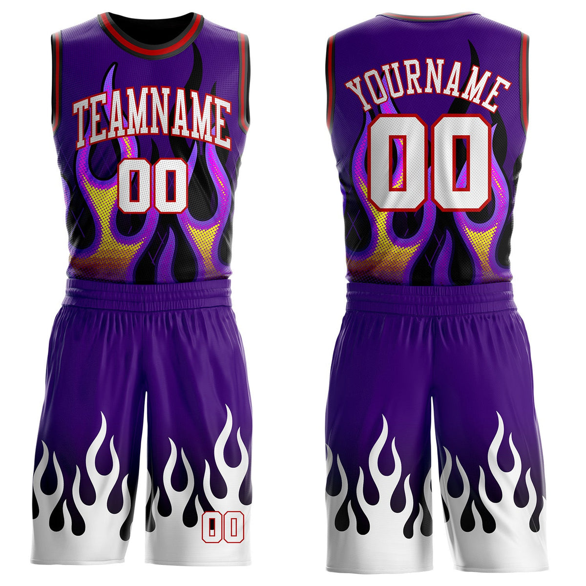 Custom Purple White Red-Black Irregular Fire Flames Round Neck Sublimation Basketball Uniform Jersey