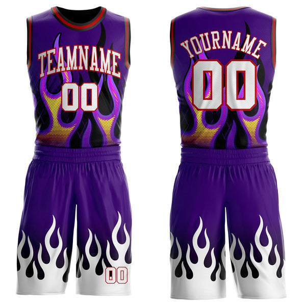 Custom Purple White Red-Black Irregular Fire Flames Round Neck Sublimation Basketball Uniform Jersey