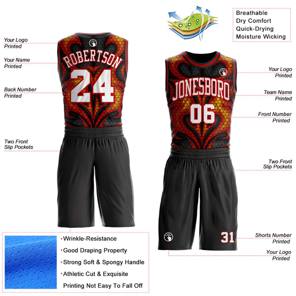 Custom Black White Yellow-Red Irregular Fire Flames Round Neck Sublimation Basketball Uniform Jersey alternate