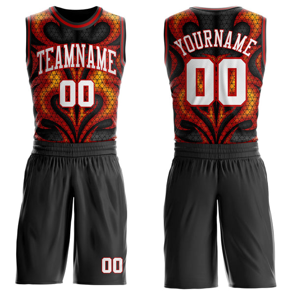 Custom Black White Yellow-Red Irregular Fire Flames Round Neck Sublimation Basketball Uniform Jersey