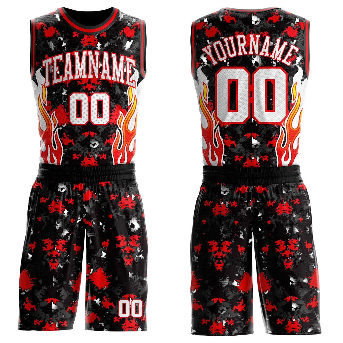 Custom Black White-Fire Red Irregular Fire Flames Round Neck Sublimation Basketball Uniform Jersey