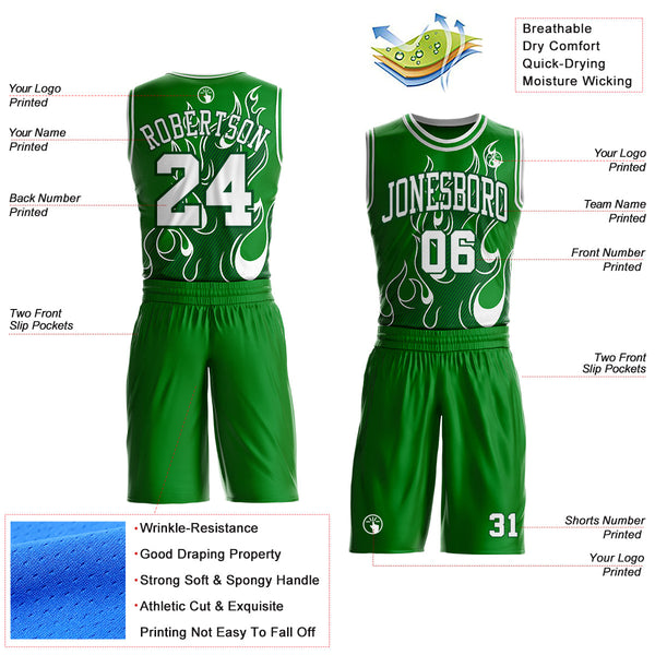 Custom Grass Green White-Green Irregular Fire Flames Round Neck Sublimation Basketball Uniform Jersey alternate