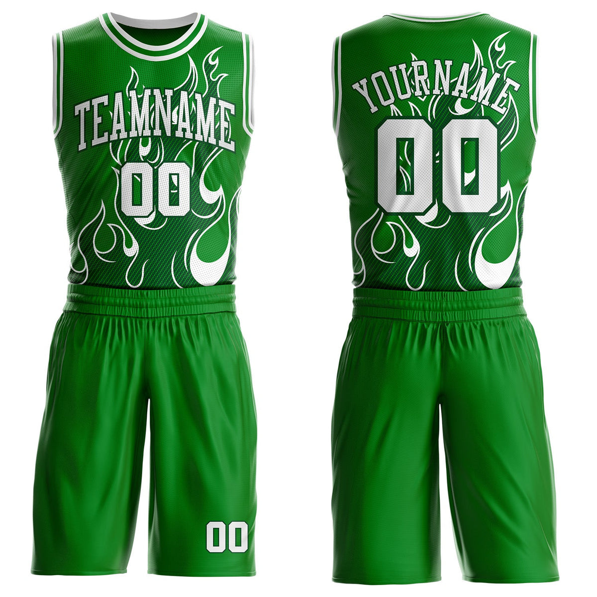 Custom Grass Green White-Green Irregular Fire Flames Round Neck Sublimation Basketball Uniform Jersey