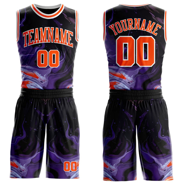 Custom Black Orange Purple-White Irregular Fire Flames Round Neck Sublimation Basketball Uniform Jersey