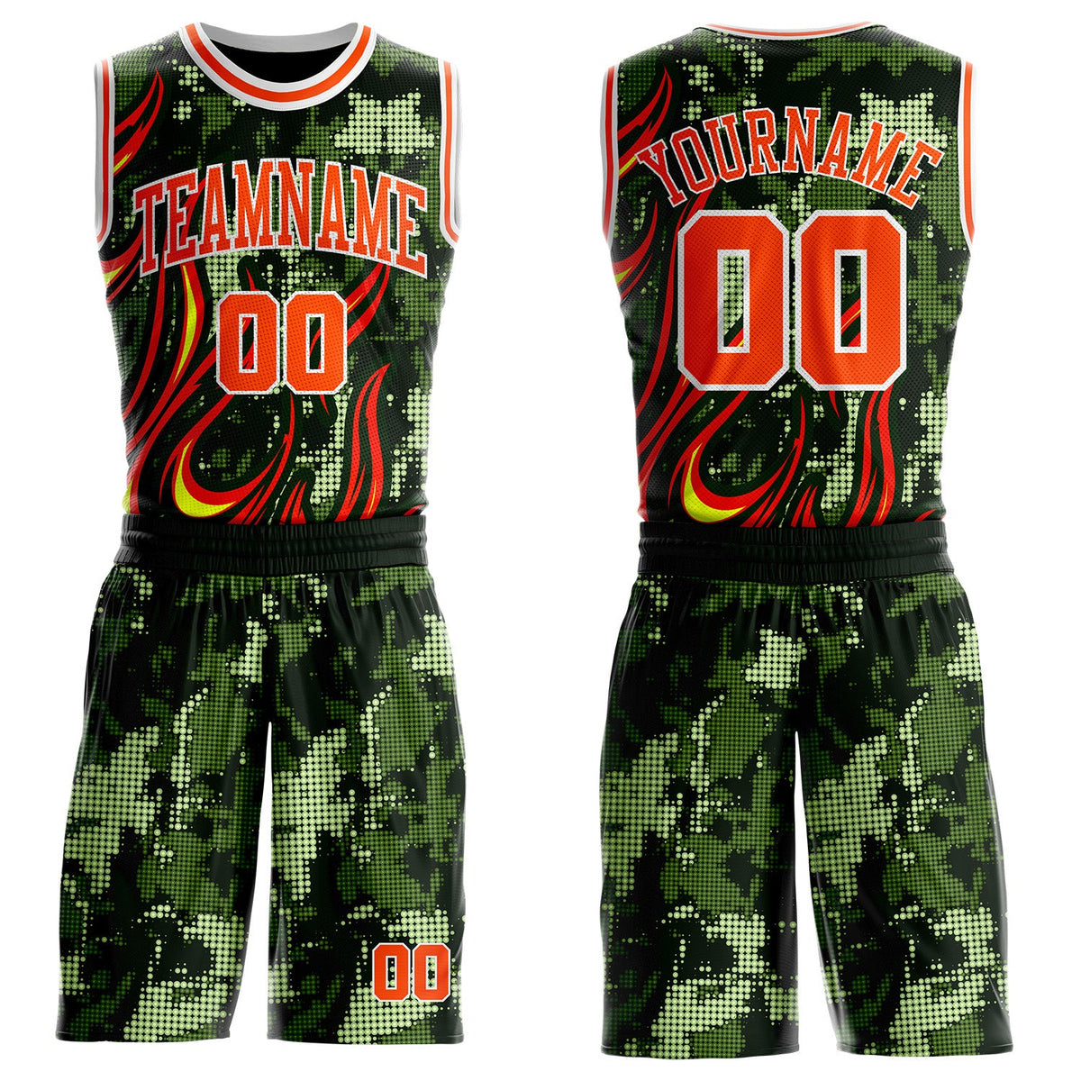 Custom Green Orange-White Irregular Fire Flames Round Neck Sublimation Basketball Uniform Jersey