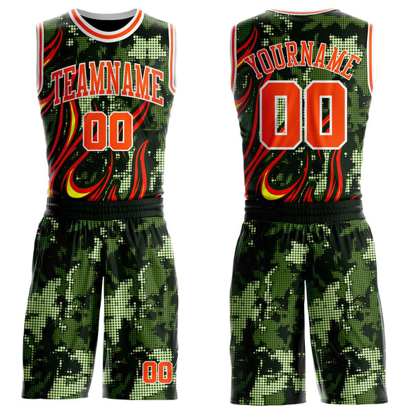 Custom Green Orange-White Irregular Fire Flames Round Neck Sublimation Basketball Uniform Jersey