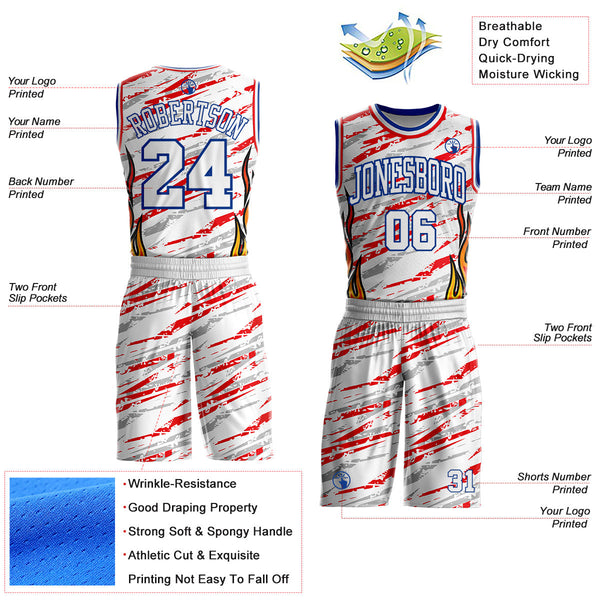 Custom White Royal-Fire Red Irregular Fire Flames Round Neck Sublimation Basketball Uniform Jersey alternate
