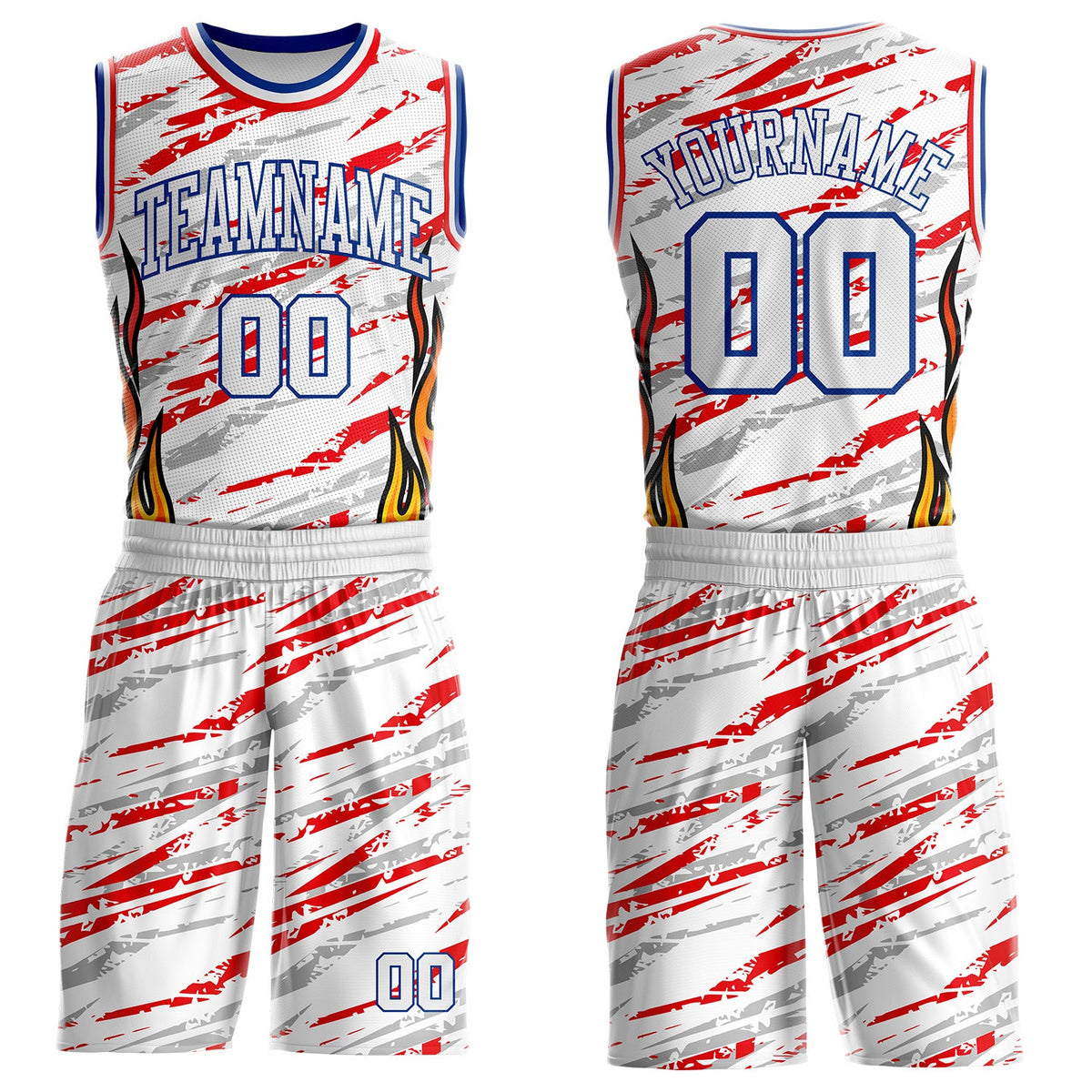 Custom White Royal-Fire Red Irregular Fire Flames Round Neck Sublimation Basketball Uniform Jersey