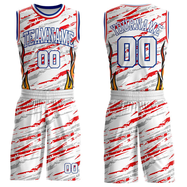 Custom White Royal-Fire Red Irregular Fire Flames Round Neck Sublimation Basketball Uniform Jersey