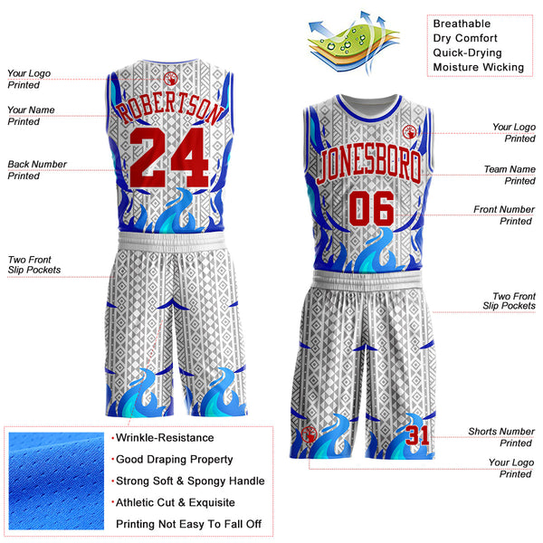 Custom White Red Blue-Gray Irregular Fire Flames Round Neck Sublimation Basketball Uniform Jersey alternate
