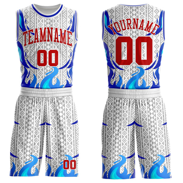 Custom White Red Blue-Gray Irregular Fire Flames Round Neck Sublimation Basketball Uniform Jersey