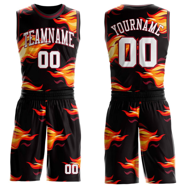 Custom Black White Yellow-Crimson Blazing Flames Round Neck Sublimation Basketball Uniform Jersey