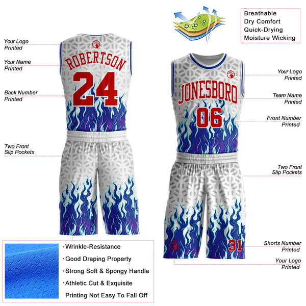 Custom White Red Gray-Royal Blazing Flames Round Neck Sublimation Basketball Uniform Jersey alternate