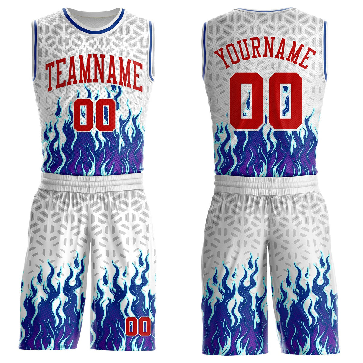 Custom White Red Gray-Royal Blazing Flames Round Neck Sublimation Basketball Uniform Jersey