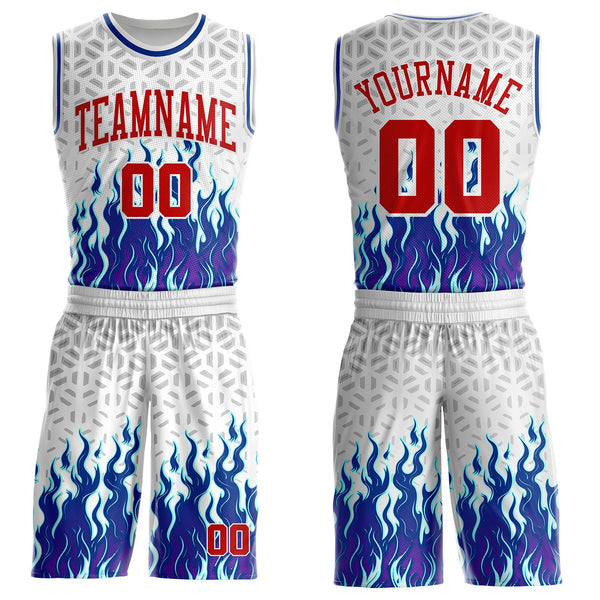 Custom White Red Gray-Royal Blazing Flames Round Neck Sublimation Basketball Uniform Jersey