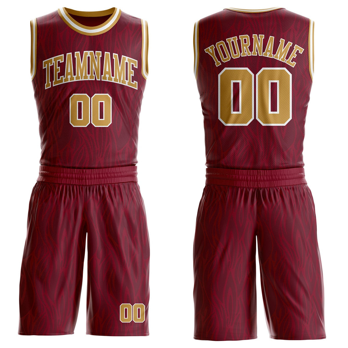 Custom Crimson Old Gold-White Irregular Fire Flames Round Neck Sublimation Basketball Uniform Jersey