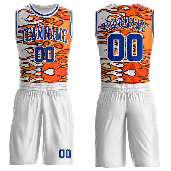 Custom White Royal-Orange Blazing Flames Round Neck Sublimation Basketball Uniform Jersey