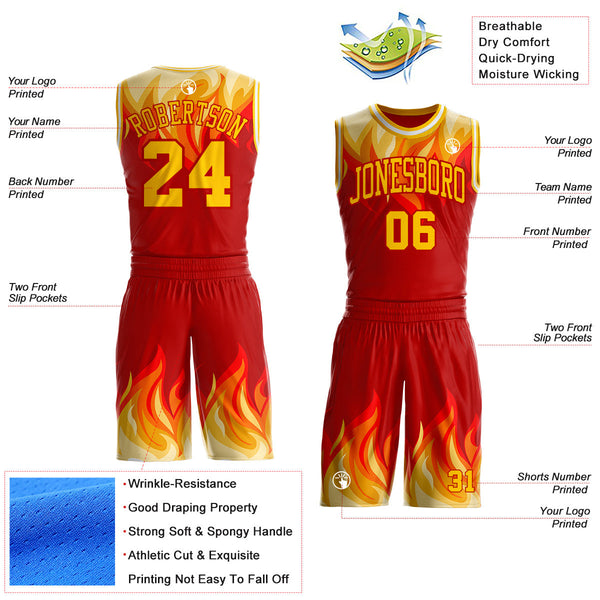Custom Red Yellow-White Blazing Flames Round Neck Sublimation Basketball Uniform Jersey alternate