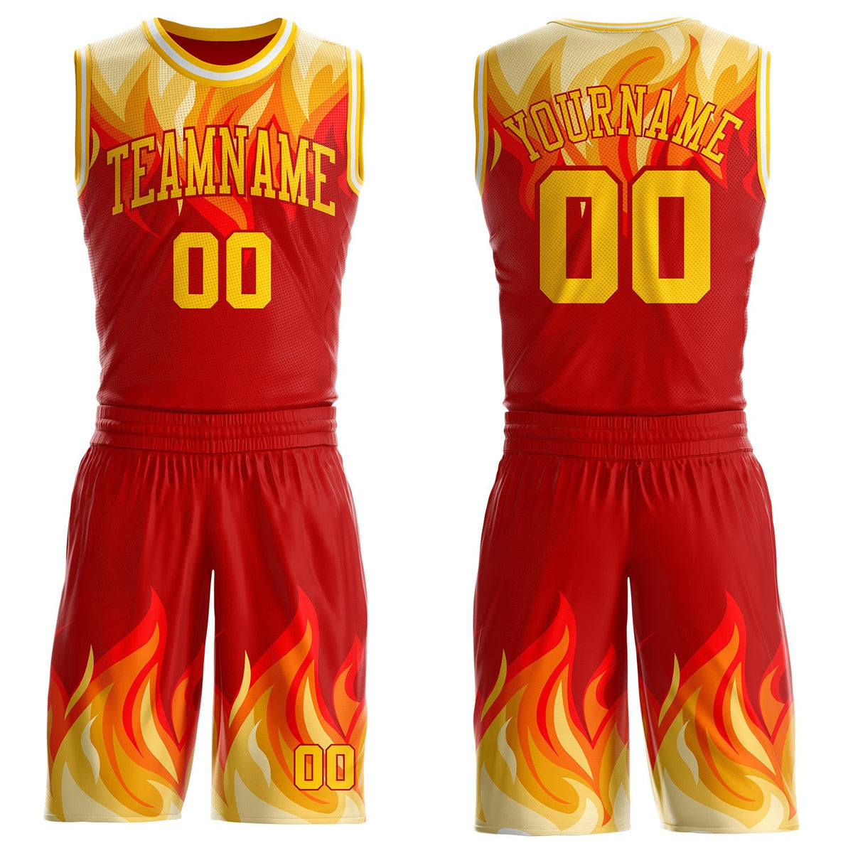 Custom Red Yellow-White Blazing Flames Round Neck Sublimation Basketball Uniform Jersey