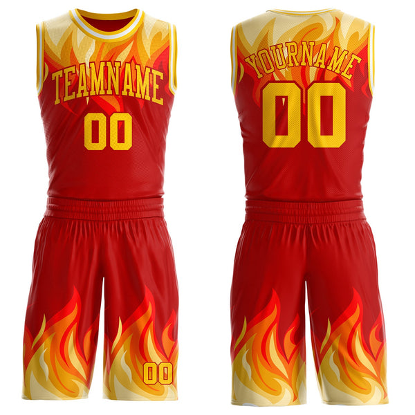 Custom Red Yellow-White Blazing Flames Round Neck Sublimation Basketball Uniform Jersey