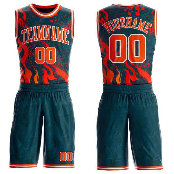 Custom Blue Orange Red-White Irregular Fire Flames Round Neck Sublimation Basketball Uniform Jersey