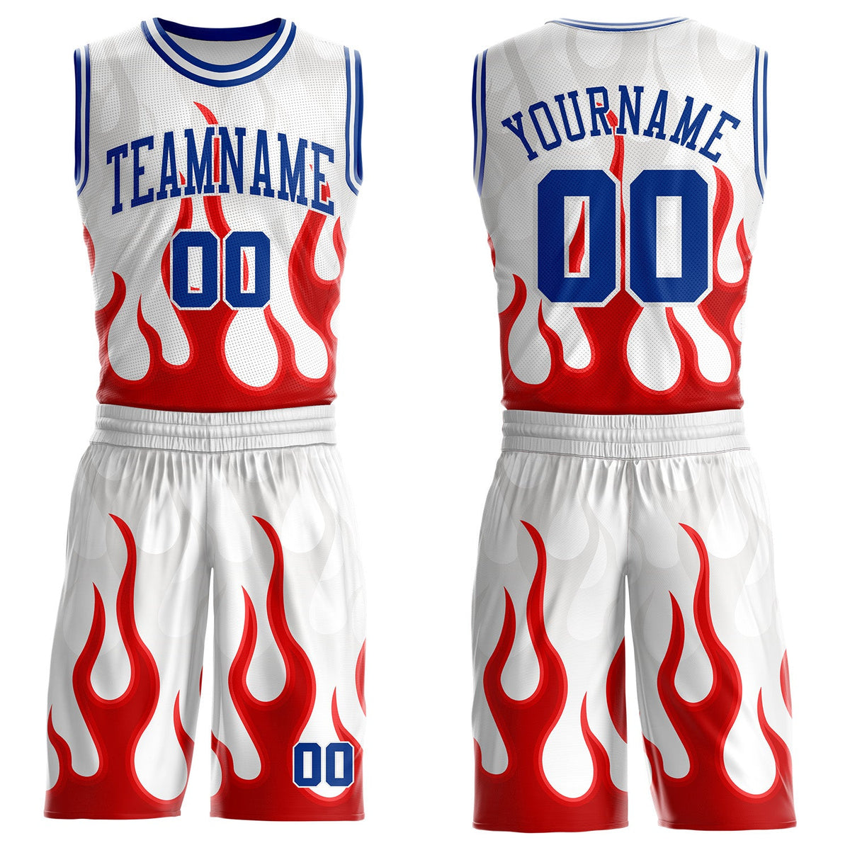 Custom White Royal-Red Blazing Flames Round Neck Sublimation Basketball Uniform Jersey