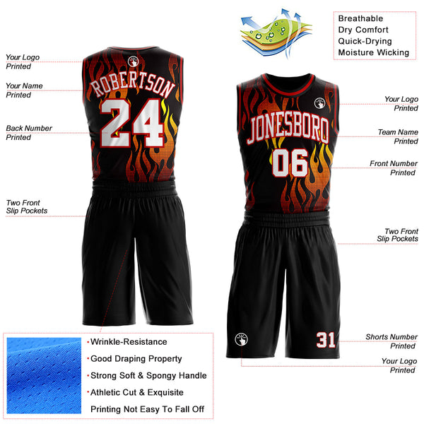 Custom Black White Yellow-Red Irregular Fire Flames Round Neck Sublimation Basketball Uniform Jersey alternate