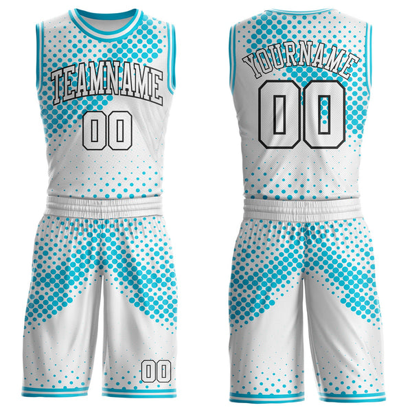Custom White Lakes Blue-Black Gradient Dot Round Neck Sublimation Basketball Uniform Jersey