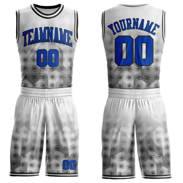 Custom White Thunder Blue-Black Gradient Dot Round Neck Sublimation Basketball Uniform Jersey