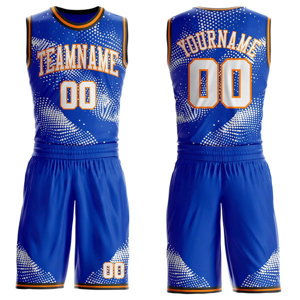 Custom Thunder Blue White Bay Orange-Black Gradient Dot Round Neck Sublimation Basketball Uniform Jersey