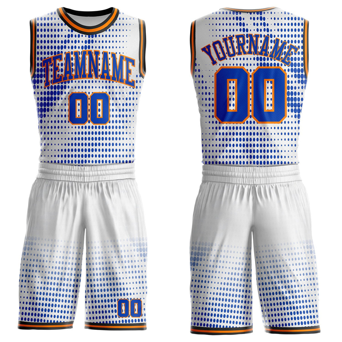 Custom White Thunder Blue Bay Orange-Black Gradient Dot Round Neck Sublimation Basketball Uniform Jersey
