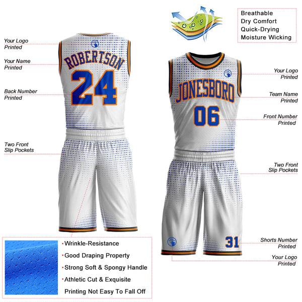 Custom White Thunder Blue Bay Orange-Black Gradient Dot Round Neck Sublimation Basketball Uniform Jersey alternate