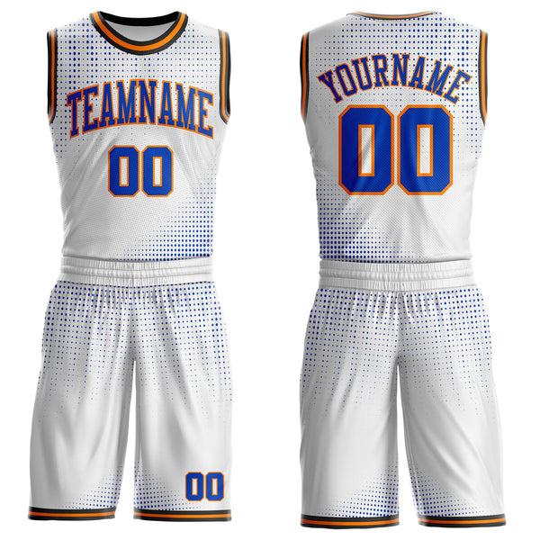 Custom White Thunder Blue Bay Orange-Black Gradient Dot Round Neck Sublimation Basketball Uniform Jersey