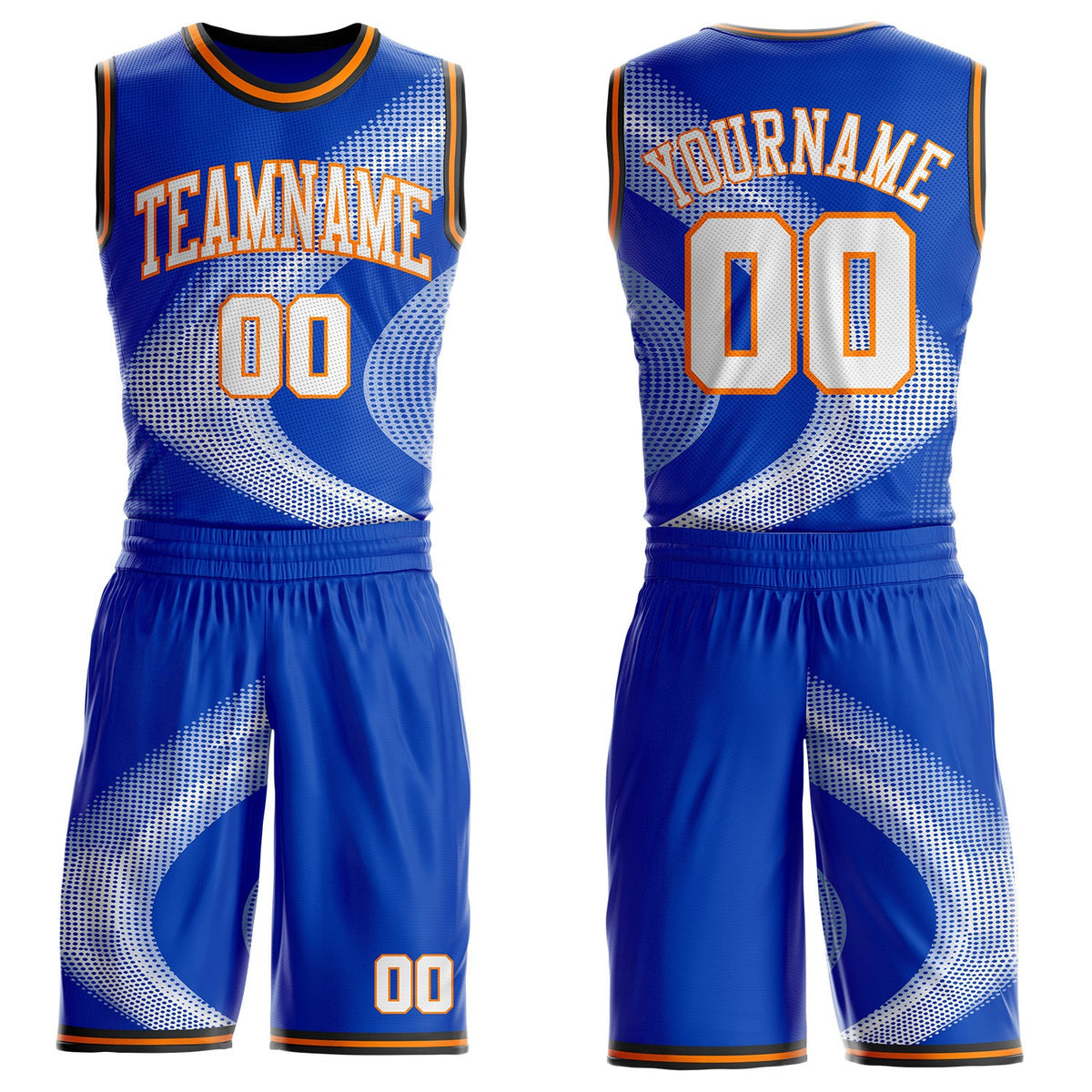 Custom Thunder Blue White Bay Orange-Black Gradient Dot Swirl Round Neck Sublimation Basketball Uniform Jersey