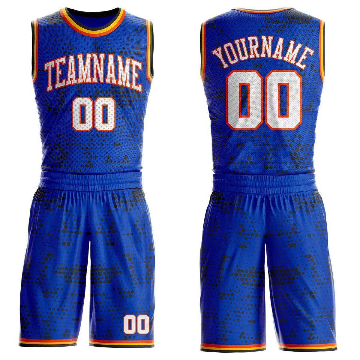 Custom Thunder Blue White Orange Black-Yellow Gradient Dot Round Neck Sublimation Basketball Uniform Jersey