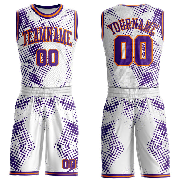 Custom White Purple-Bay Orange Gradient Dot Round Neck Sublimation Basketball Uniform Jersey