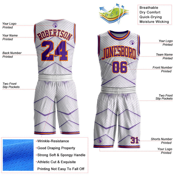 Custom White Purple-Bay Orange Gradient Dot Geometric Round Neck Sublimation Basketball Uniform Jersey alternate