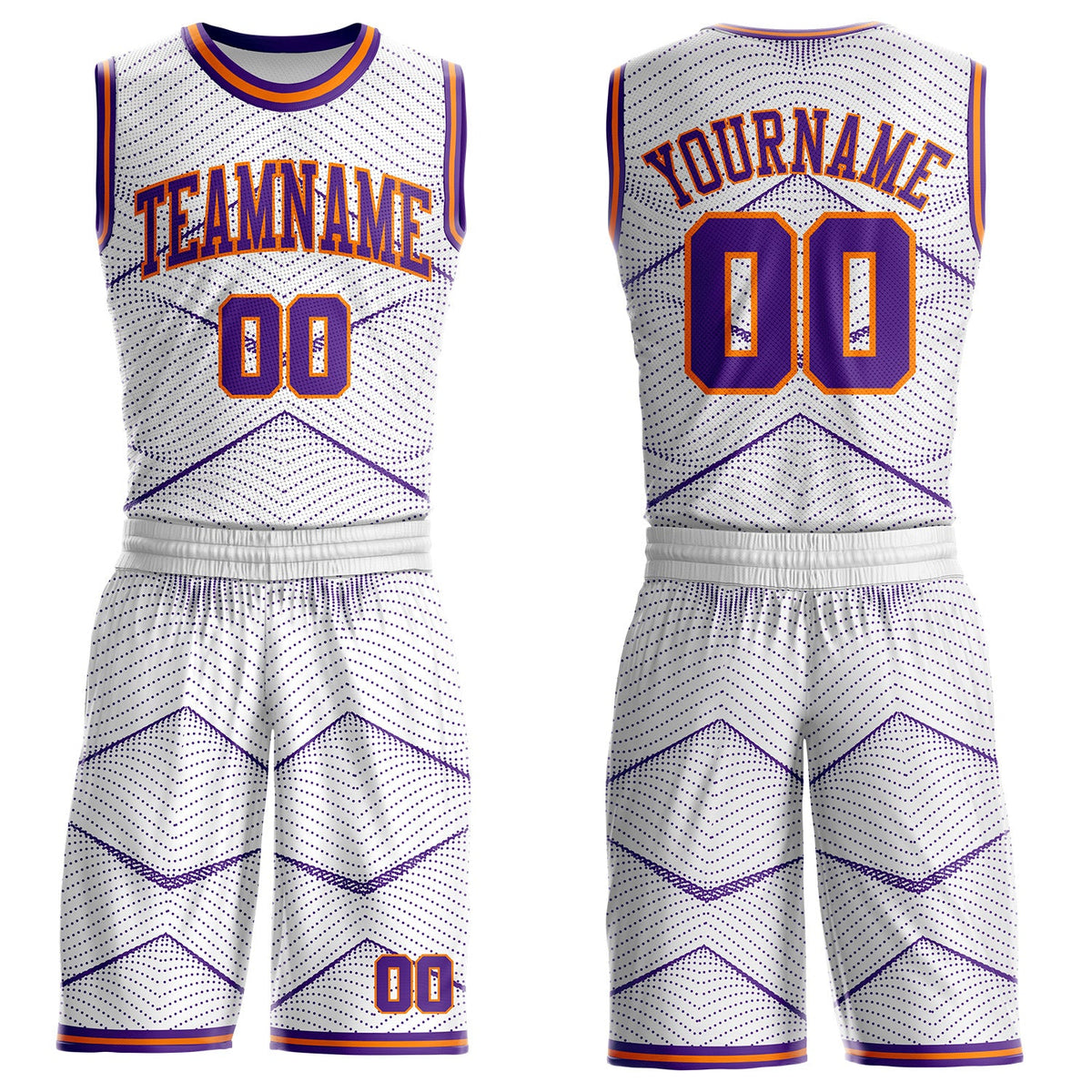Custom White Purple-Bay Orange Gradient Dot Geometric Round Neck Sublimation Basketball Uniform Jersey