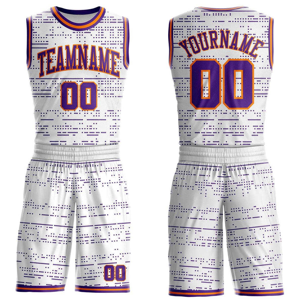 Custom White Purple-Bay Orange Gradient Dot Round Neck Sublimation Basketball Uniform Jersey