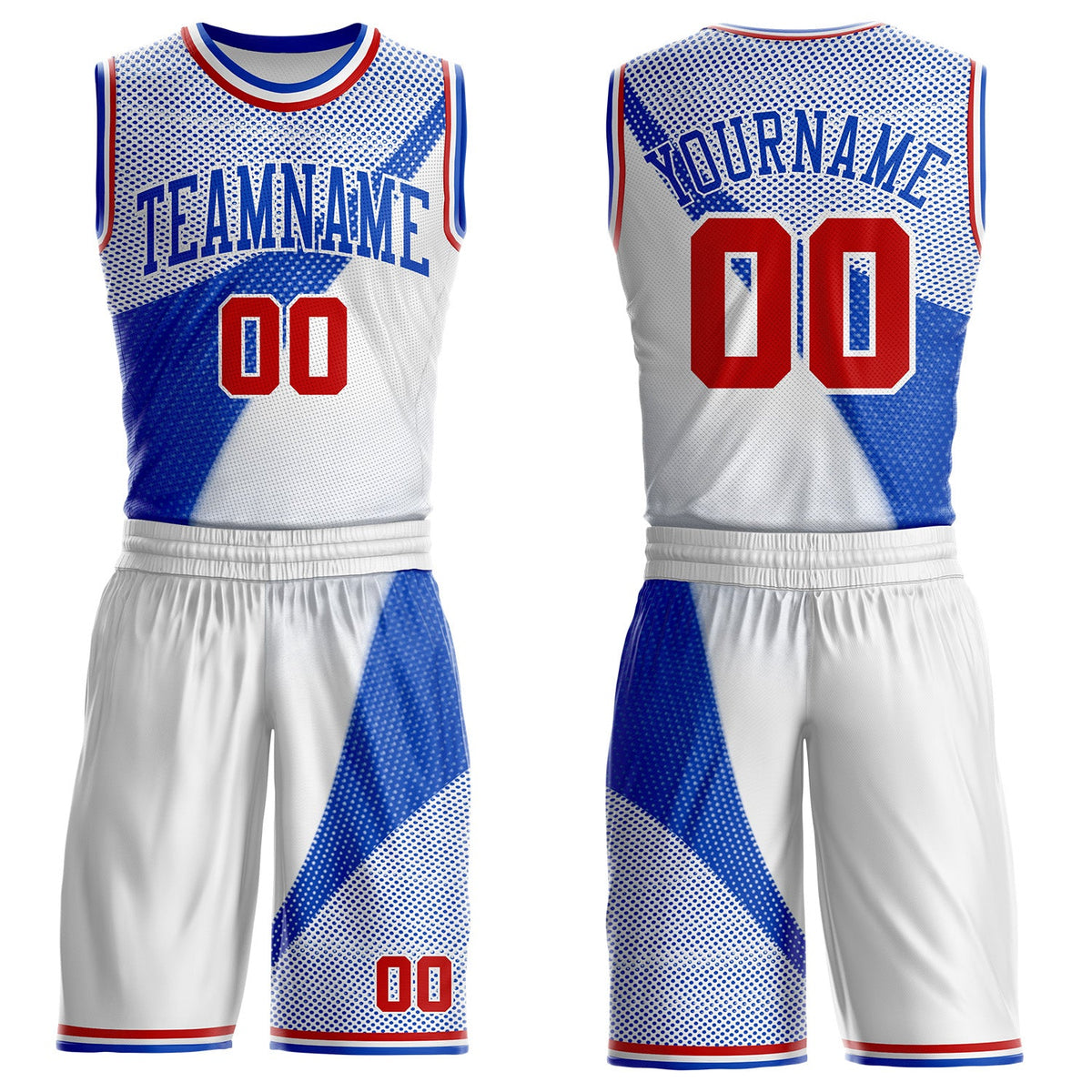 Custom White Red-Thunder Blue Gradient Dot Round Neck Sublimation Basketball Uniform Jersey