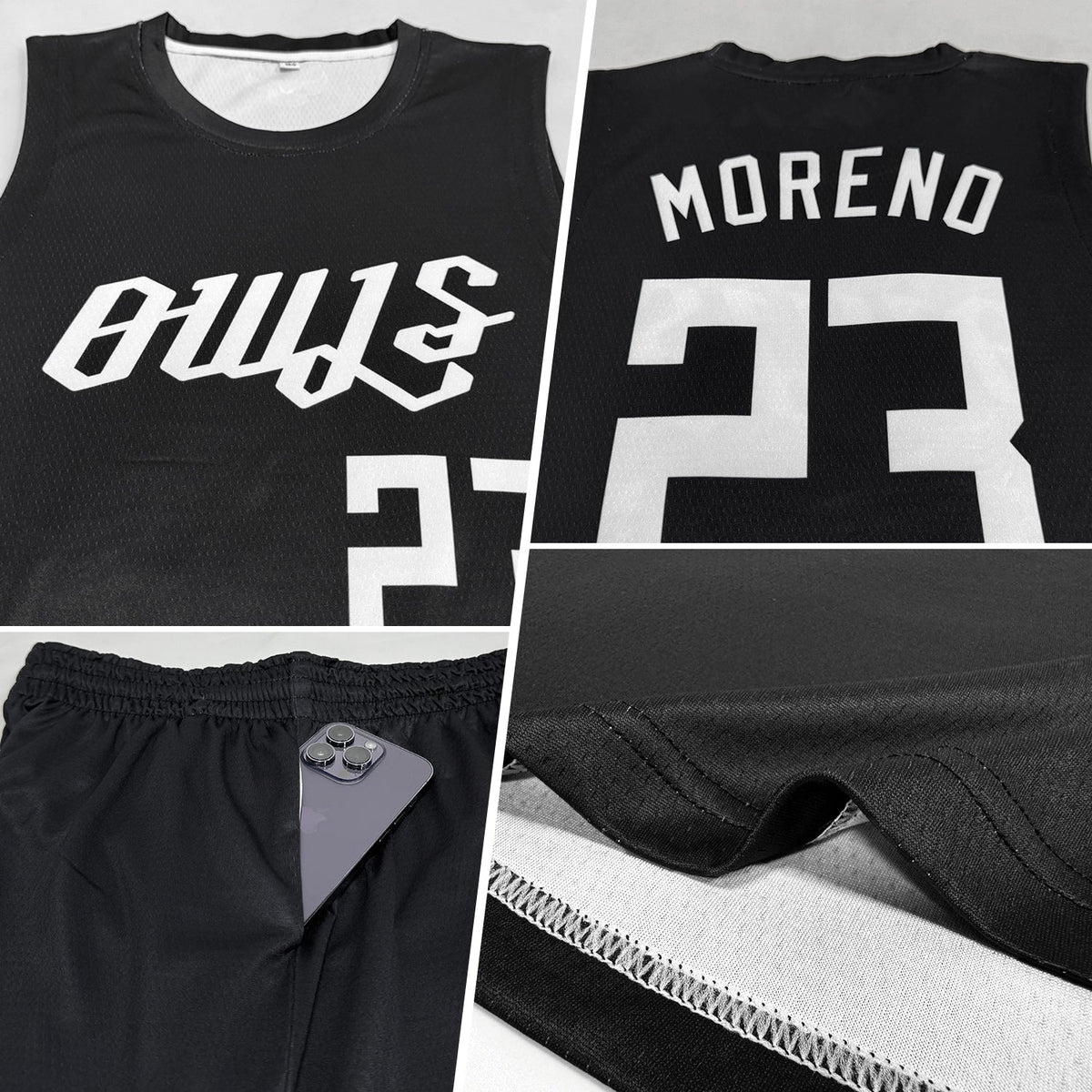 Custom Black White Round Neck Basketball Uniform Jersey - Back