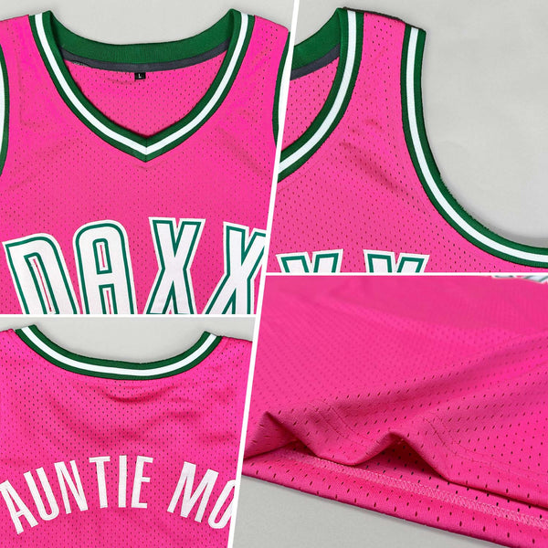 Custom Pink White-Kelly Green Authentic Throwback Basketball Jersey alternate